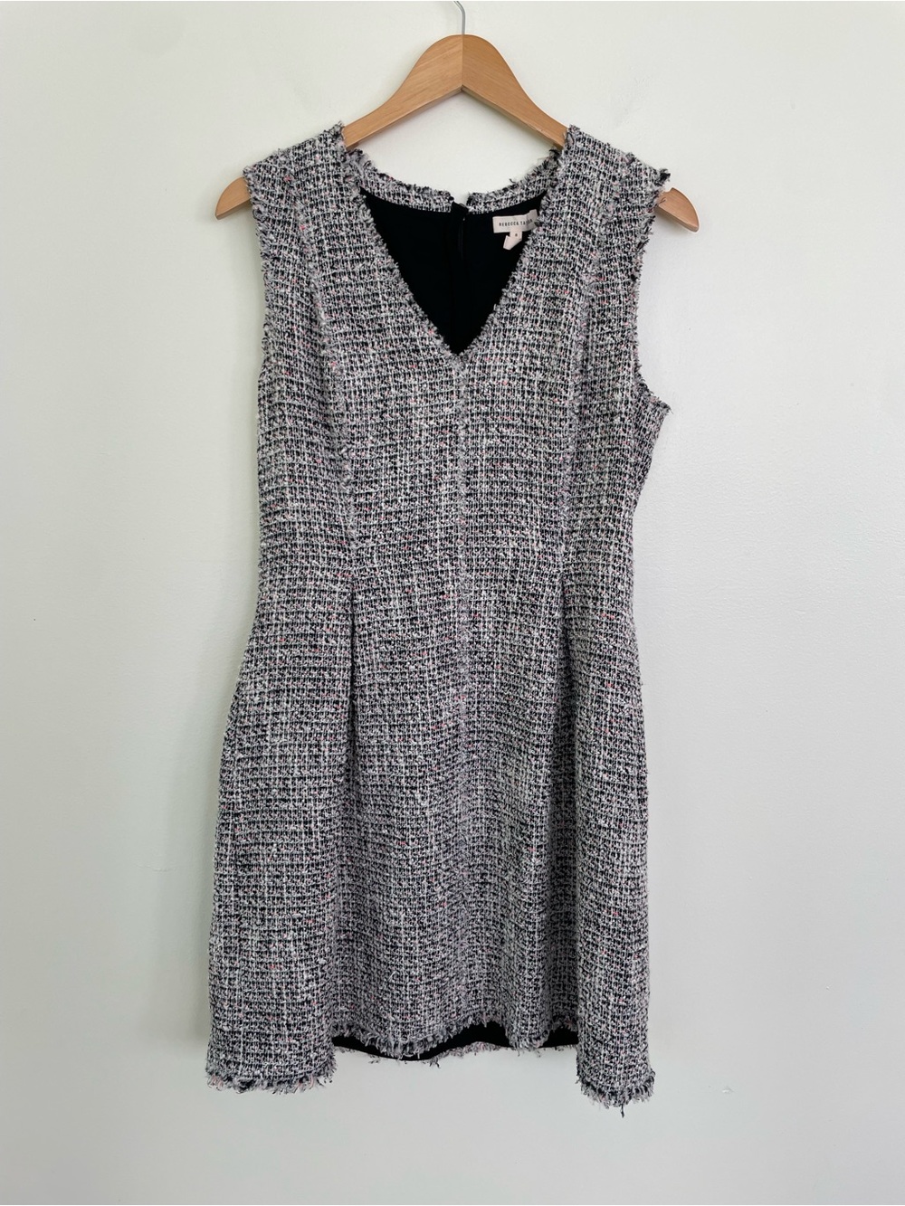 Rebecca Taylor Tweed Vneck Sleeveless Sheath Dress w Pockets Sz 8 White Black